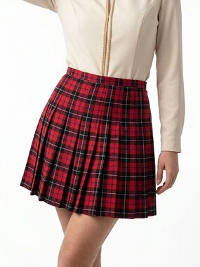 Liz Claiborne Red and Navy Tartan Pleated Mini Skirt